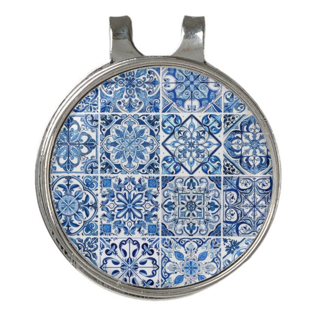 Mediterranean Tiles, Portugese, Azulejo, Majolica Golf Hat Clip (Front)