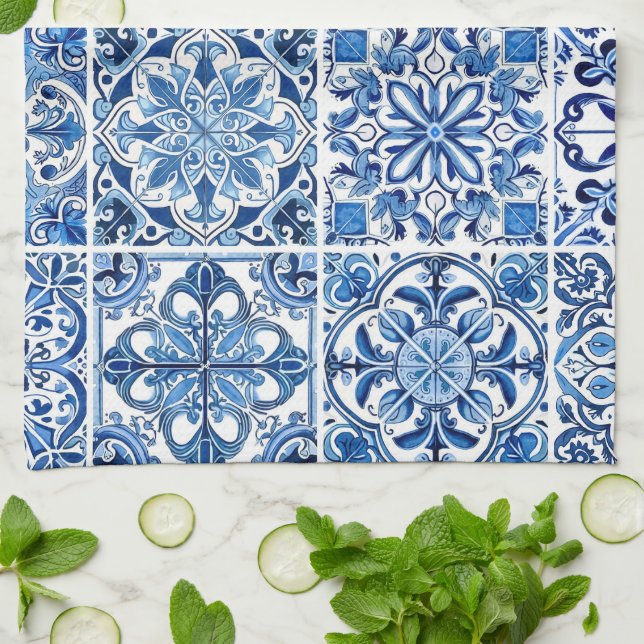Mediterranean Tiles, Portugese, Azulejo, Majolica Kitchen Towel (Folded)