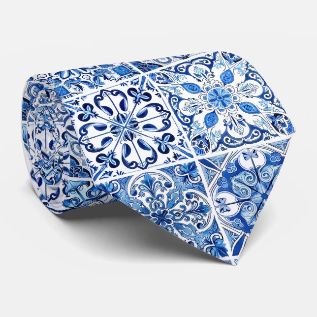 Mediterranean Tiles, Portugese, Azulejo, Majolica Neck Tie (Rolled)