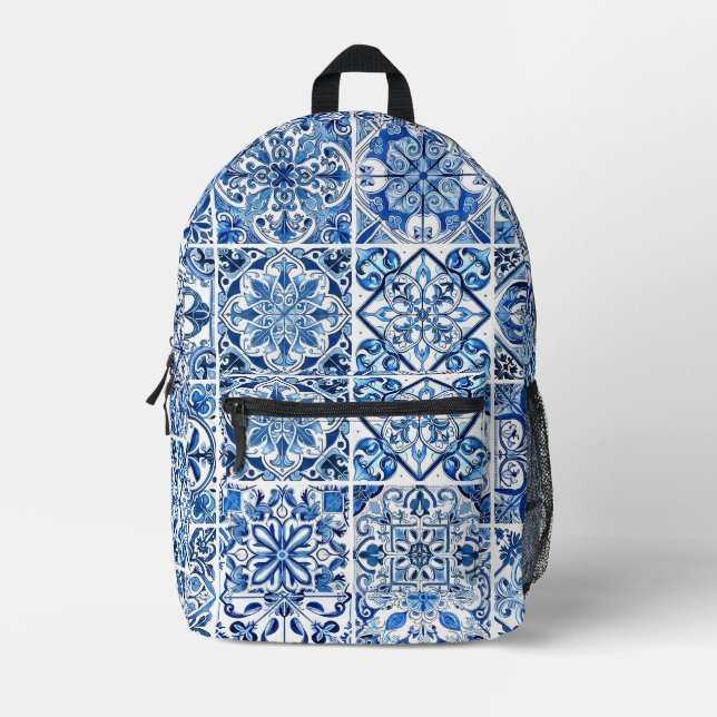 Mediterranean Tiles, Portugese, Azulejo, Majolica Printed Backpack (Front)
