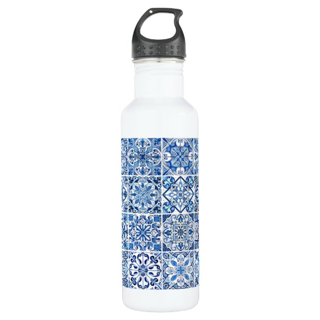Mediterranean Tiles, Portugese, Azulejo, Majolica Stainless Steel Water Bottle (Front)