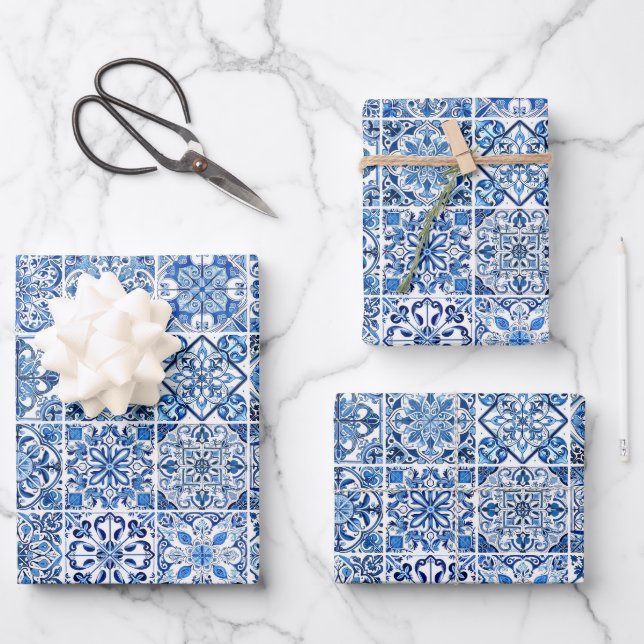Mediterranean Tiles, Portugese, Azulejo, Majolica Wrapping Paper Sheets (Front)