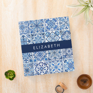 Mediterranean Tiles, Portugese, Azulejo, Your Name 3 Ring Binder