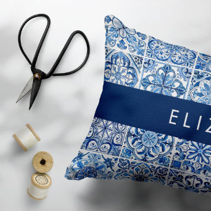 Mediterranean Tiles, Portugese, Azulejo, Your Name Accent Pillow