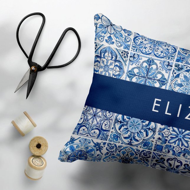 Mediterranean Tiles, Portugese, Azulejo, Your Name Accent Pillow (Creator Uploaded)