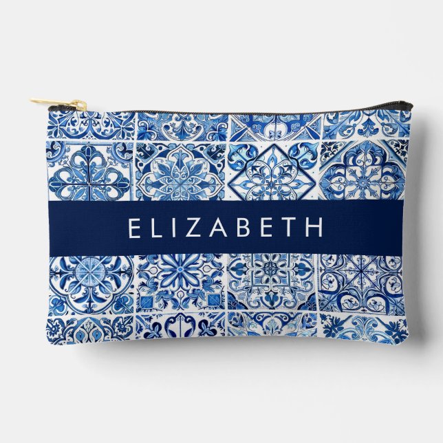 Mediterranean Tiles, Portugese, Azulejo, Your Name Accessory Pouch (Front)