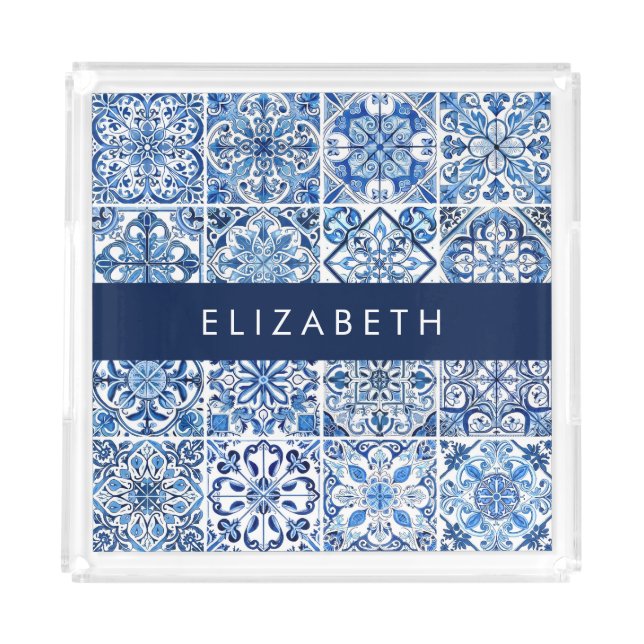 Mediterranean Tiles, Portugese, Azulejo, Your Name Acrylic Tray (Front)