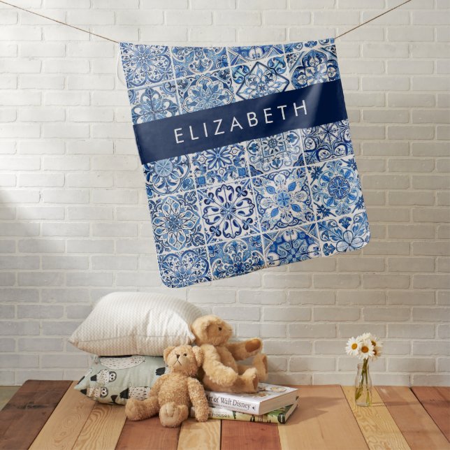 Mediterranean Tiles, Portugese, Azulejo, Your Name Baby Blanket (In Situ)