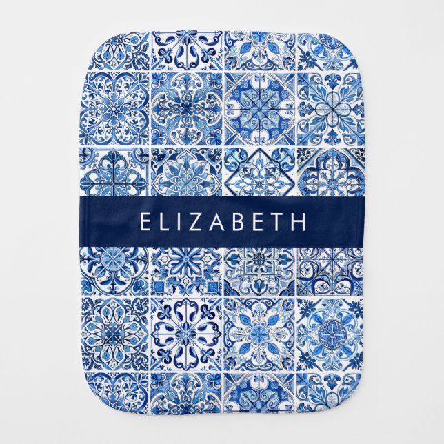 Mediterranean Tiles, Portugese, Azulejo, Your Name Baby Burp Cloth (Front)