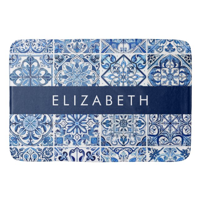 Mediterranean Tiles, Portugese, Azulejo, Your Name Bath Mat (Front)