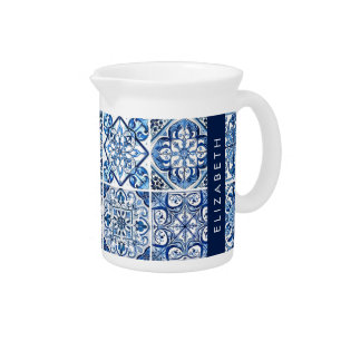 Mediterranean Tiles, Portugese, Azulejo, Your Name Beverage Pitcher