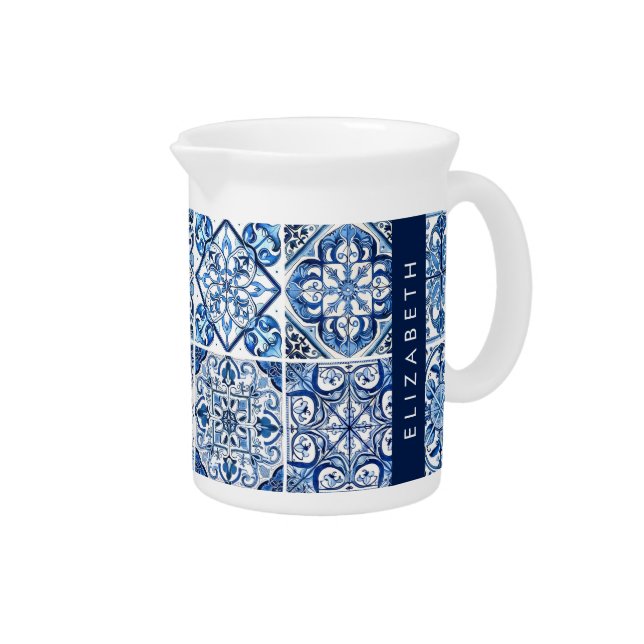 Mediterranean Tiles, Portugese, Azulejo, Your Name Beverage Pitcher (Right)