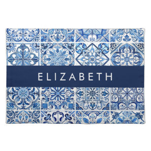 Mediterranean Tiles, Portugese, Azulejo, Your Name Cloth Placemat