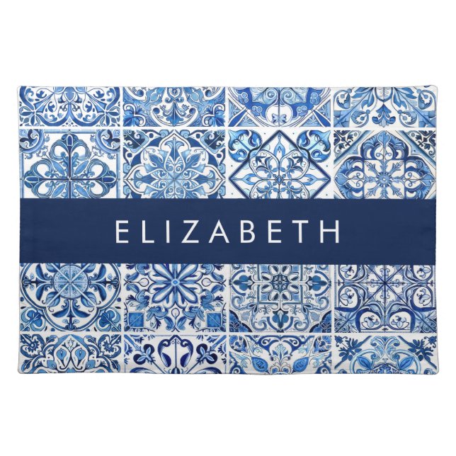 Mediterranean Tiles, Portugese, Azulejo, Your Name Cloth Placemat (Front)