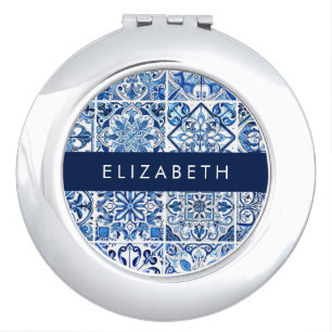 Mediterranean Tiles, Portugese, Azulejo, Your Name Compact Mirror