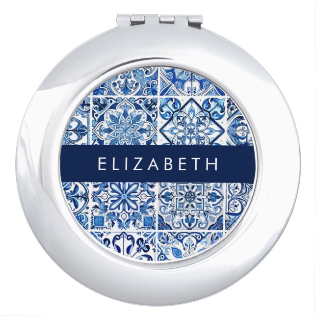 Mediterranean Tiles, Portugese, Azulejo, Your Name Compact Mirror (Front)