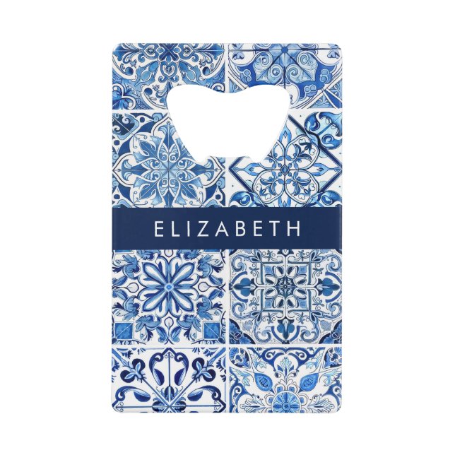 Mediterranean Tiles, Portugese, Azulejo, Your Name Credit Card Bottle Opener (Front)