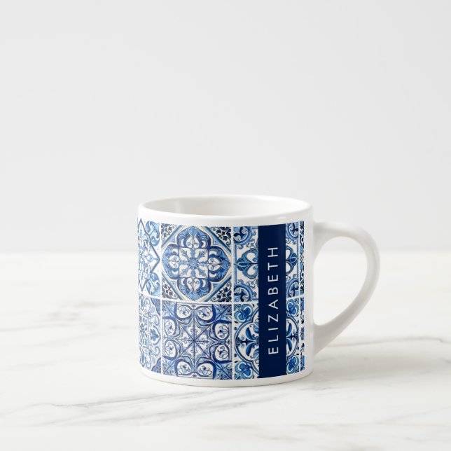 Mediterranean Tiles, Portugese, Azulejo, Your Name Espresso Cup (Right)