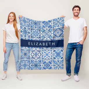 Mediterranean Tiles, Portugese, Azulejo, Your Name Fleece Blanket