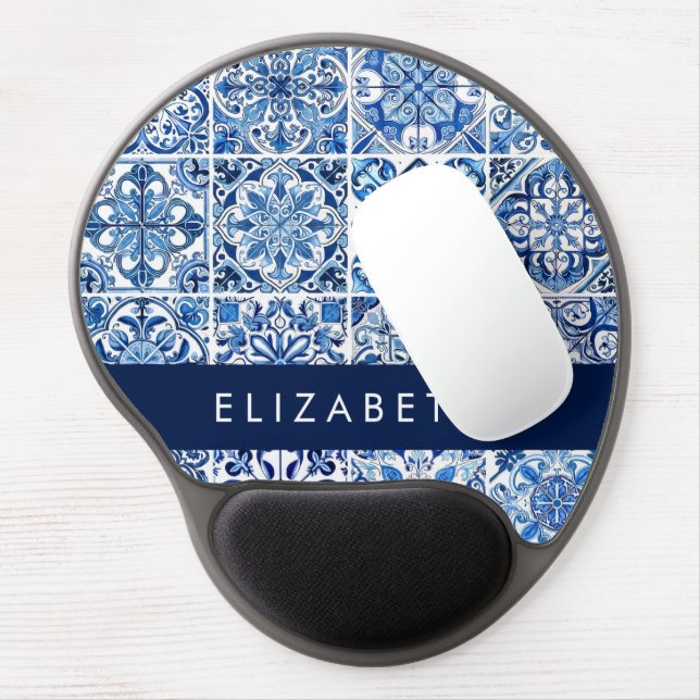 Mediterranean Tiles, Portugese, Azulejo, Your Name Gel Mouse Pad (Left Side)