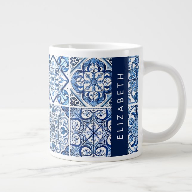 Mediterranean Tiles, Portugese, Azulejo, Your Name Giant Coffee Mug (Right)