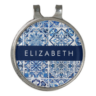 Mediterranean Tiles, Portugese, Azulejo, Your Name Golf Hat Clip