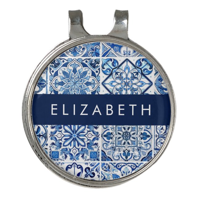 Mediterranean Tiles, Portugese, Azulejo, Your Name Golf Hat Clip (Front)