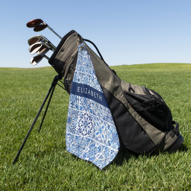Mediterranean Tiles, Portugese, Azulejo, Your Name Golf Towel (Green)
