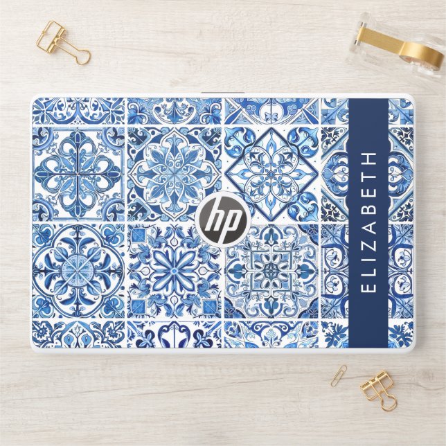 Mediterranean Tiles, Portugese, Azulejo, Your Name HP Laptop Skin (Desk)