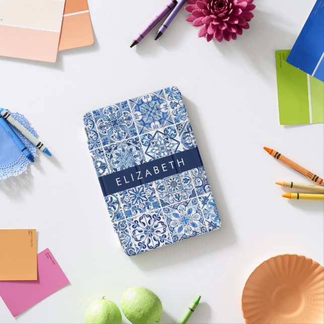 Mediterranean Tiles, Portugese, Azulejo, Your Name iPad Mini Cover (In Situ)