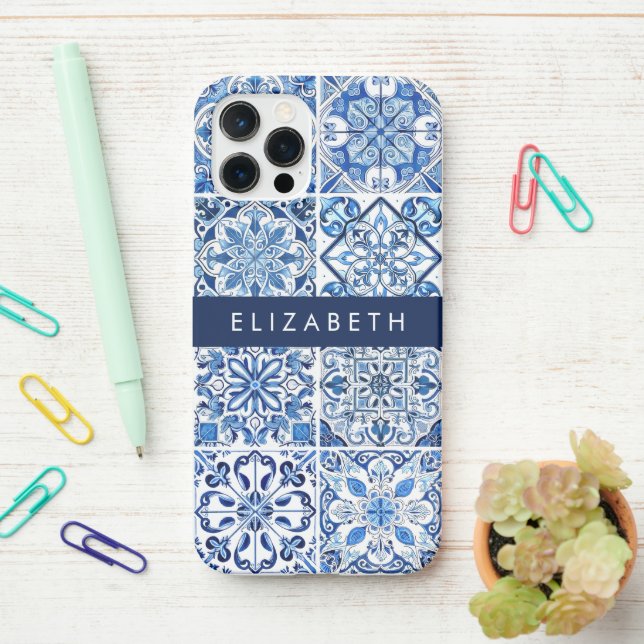 Mediterranean Tiles, Portugese, Azulejo, Your Name iPhone Case (On Desk)