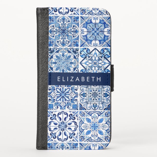 Mediterranean Tiles, Portugese, Azulejo, Your Name iPhone Wallet Case (Front)