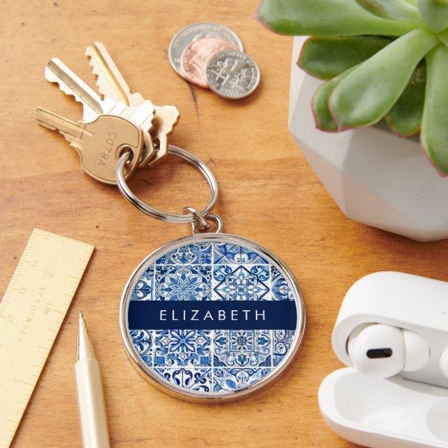 Mediterranean Tiles, Portugese, Azulejo, Your Name Keychain (Desk)