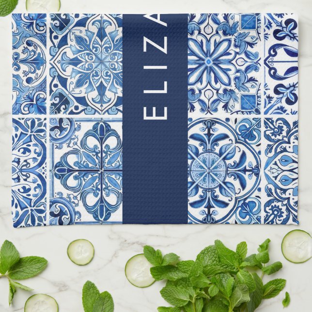 Mediterranean Tiles, Portugese, Azulejo, Your Name Kitchen Towel (Folded)