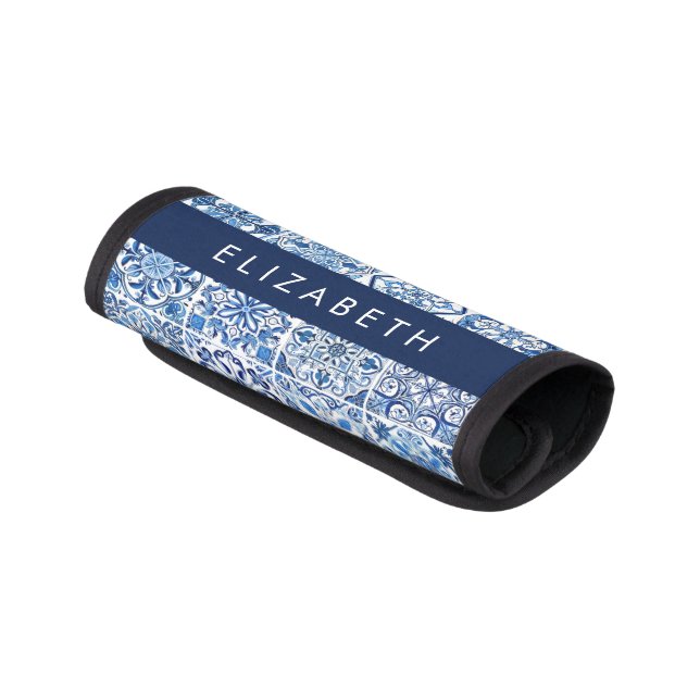 Mediterranean Tiles, Portugese, Azulejo, Your Name Luggage Handle Wrap (Angled)