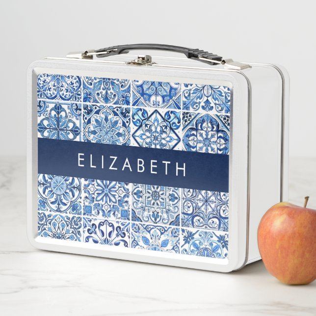 Mediterranean Tiles, Portugese, Azulejo, Your Name Metal Lunch Box (In Situ)