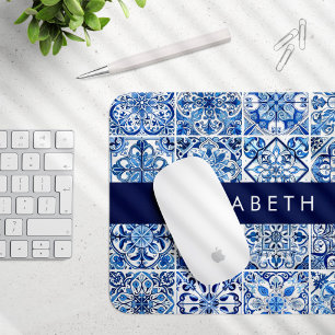 Mediterranean Tiles, Portugese, Azulejo, Your Name Mouse Pad