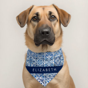 Mediterranean Tiles, Portugese, Azulejo, Your Name Pet Bandana Collar