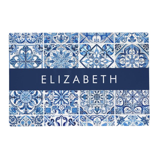 Mediterranean Tiles, Portugese, Azulejo, Your Name Placemat (Front)