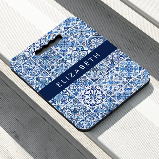 Mediterranean Tiles, Portugese, Azulejo, Your Name Seat Cushion (In Situ)
