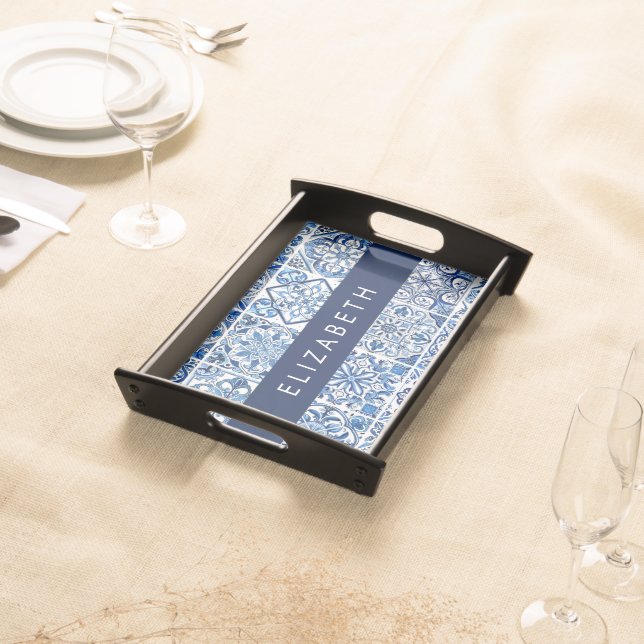Mediterranean Tiles, Portugese, Azulejo, Your Name Serving Tray (Front)