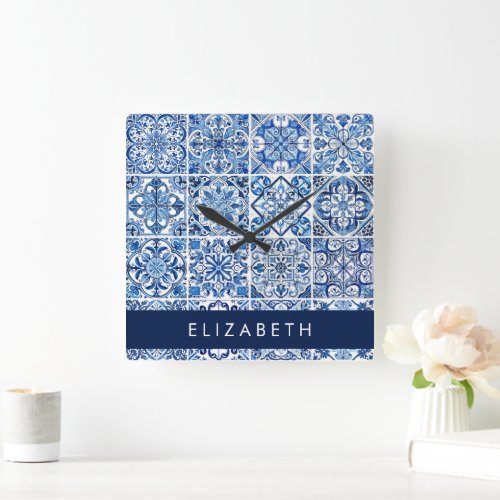 Mediterranean Tiles Portugese Azulejo Your Name Square Wall Clock