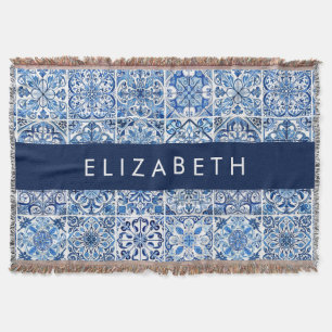 Mediterranean Tiles, Portugese, Azulejo, Your Name Throw Blanket