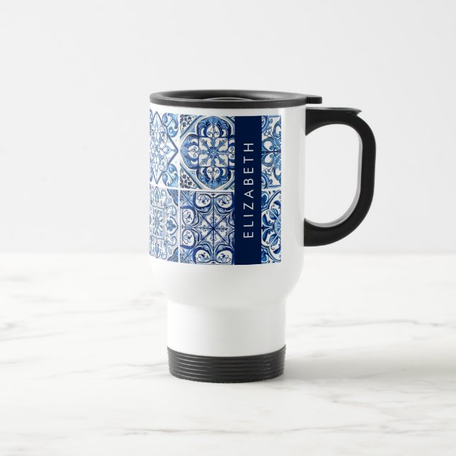 Mediterranean Tiles, Portugese, Azulejo, Your Name Travel Mug (Right)