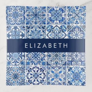 Mediterranean Tiles, Portugese, Azulejo, Your Name Trinket Tray