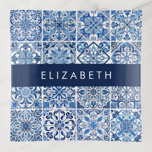 Mediterranean Tiles, Portugese, Azulejo, Your Name Trinket Tray (Front)