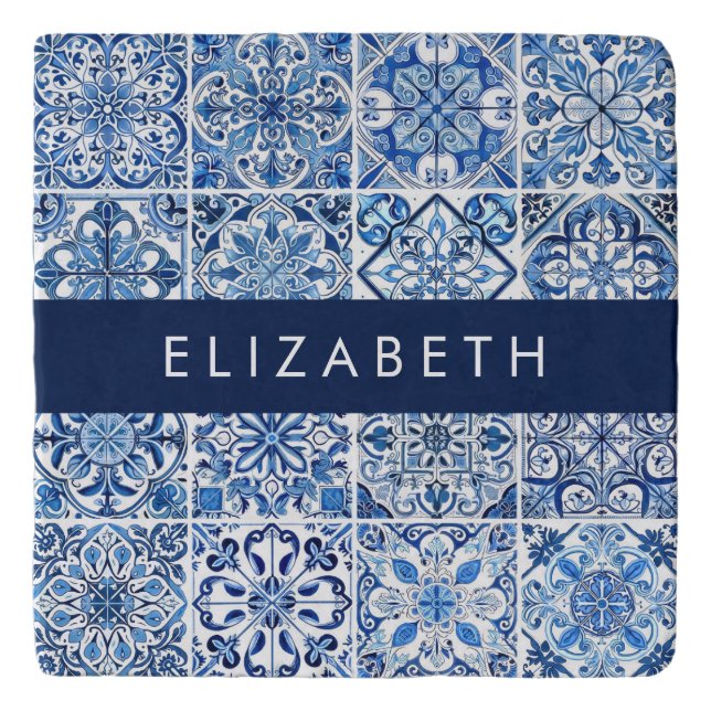 Mediterranean Tiles, Portugese, Azulejo, Your Name Trivet (Front)