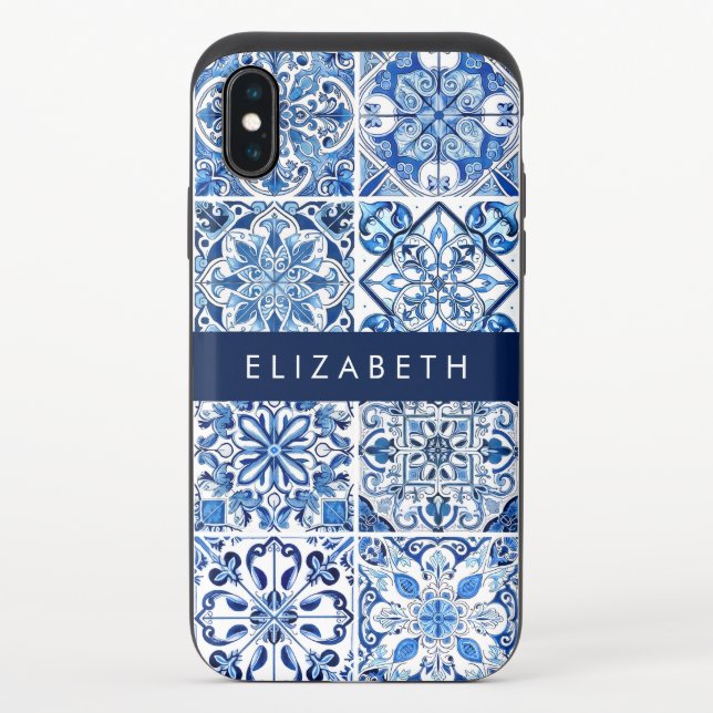 Mediterranean Tiles, Portugese, Azulejo, Your Name Uncommon iPhone Case (Back)