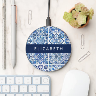 Mediterranean Tiles, Portugese, Azulejo, Your Name Wireless Charger