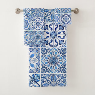 Mediterranean Tiles, Portuguese, Azulejo, Majolica Bath Towel Set